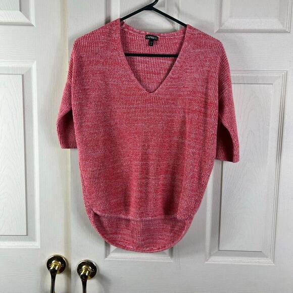Express Knit Sweater Womans XS Red Solid Short Sleeve Spring Sweater Cotton - Picture 2 of 7
